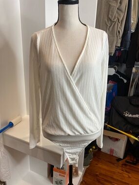 White Wrap-Front Ribbed Long Sleeve Bodysuit